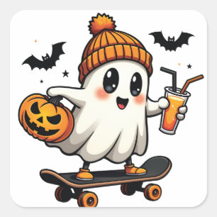 Spooky Halloween Schaatsen Pompoen Spice Ghost Her Vierkante Sticker