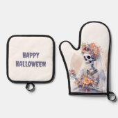 Spooky Halloween Skeleton Oven Mitt en Pot Holder Ovenwant & Pannenlap Set (Voorkant)