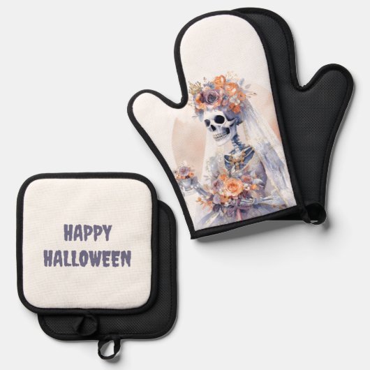 Spooky Halloween Skeleton Oven Mitt en Pot Holder Ovenwant & Pannenlap Set (Voorkant / Achterkant)