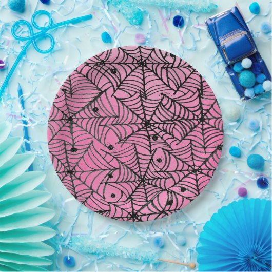 Spooky Halloween Spider Webs op Roze Papieren Bordje (Feest)