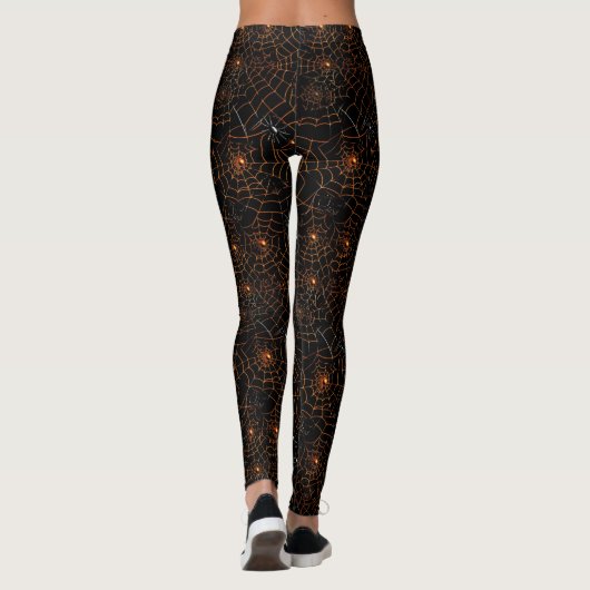 Spooky Halloween Spinnenweb Zwart Sinaasappel Wit Leggings (Achterkant)