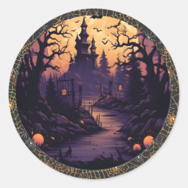 Spooky Halloween sticker van kasteel, vleermuizen,