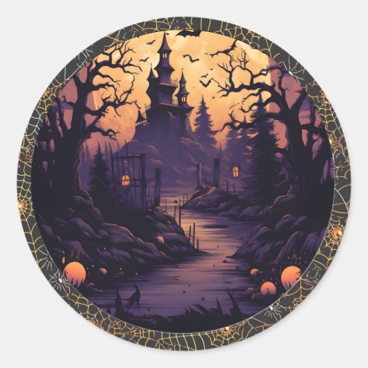 Spooky Halloween sticker van kasteel, vleermuizen, (Voorkant)