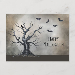 Spooky Halloween Tree met Raven en Vleermuizen Briefkaart
