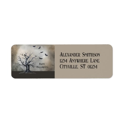 Spooky Halloween Tree met Raven en Vleermuizen Etiket (Voorkant)