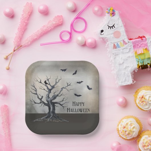 Spooky Halloween Tree met Raven en Vleermuizen Papieren Bordje (Feest)