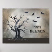 Spooky Halloween Tree met Raven en Vleermuizen Poster (Voorkant)