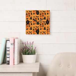 Spooky Halloween Wall Clock - Zwart & Sinaasappel Vierkante Klok
