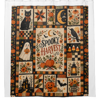 Spooky Harvest Vintage Halloween Patchwork Douchegordijn