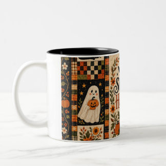 Spooky Harvest Vintage Halloween Patchwork Tweekleurige Koffiemok
