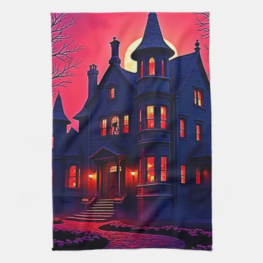 Spooky Haunted House bij Dusk Design Theedoek (Verticaal)
