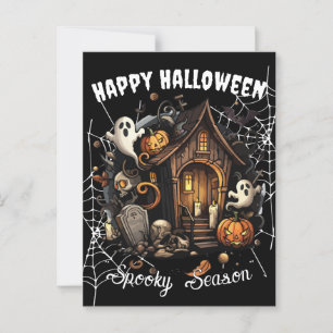 🎃 Spooky Haunted House Briefkaart - ZWART 👻🕷️
