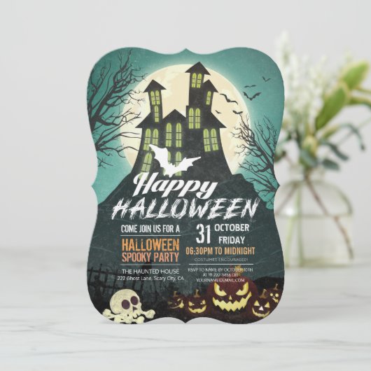 Spooky Haunted House Costume Night Sky Halloween Kaart (Staand voorkant)