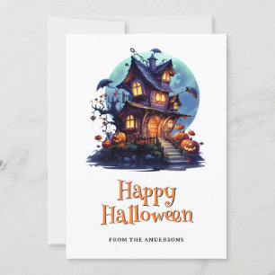 Spooky Haunted House Ghost Pumpkins Halloween Kaar Feestdagenkaart