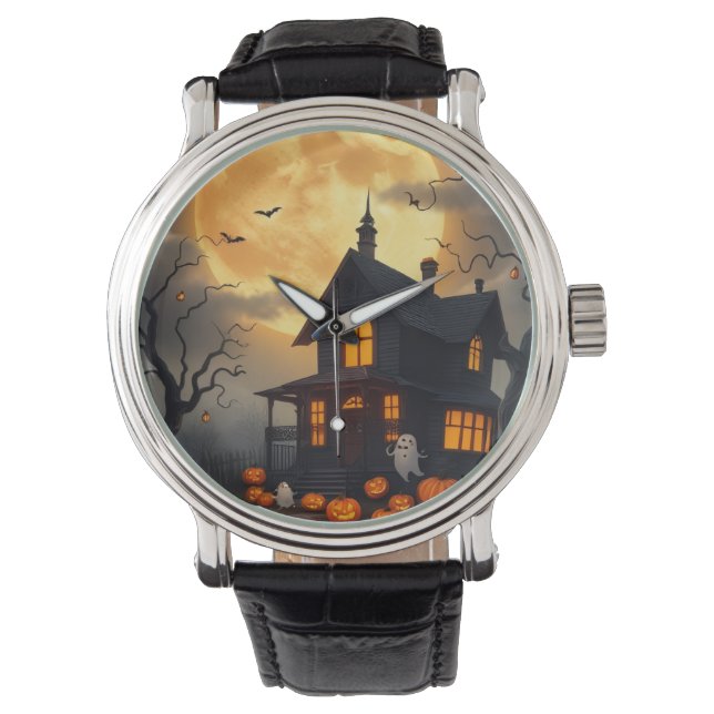 Spooky Haunted House Halloween Night Design Horloge (Voorkant)