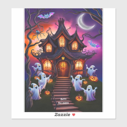 Spooky Haunted House Halloween Night Scene Sticker (Vel)