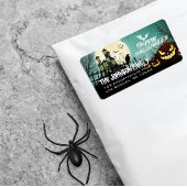 Spooky Haunted House Night Sky Halloween Adres Etiket