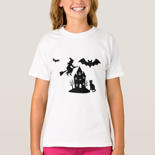 Spooky Haunted House & Witch Silhouette | T-shirt (Voorkant)