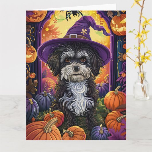 Spooky Havanese hond Halloween heks en pompoen Kaart (Gele Bloem)