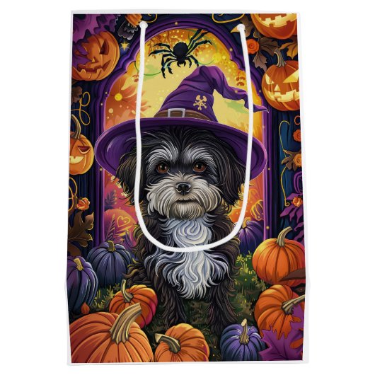 Spooky Havanese hond Halloween heks en pompoen Medium Cadeauzakje (Achterkant)