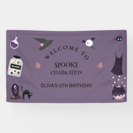 Spooky heks Halloween verjaardagsfeestje Spandoek (Horizontaal)