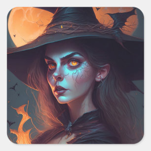Spooky Heks met Maan Achtergrond Halloween Vierkante Sticker