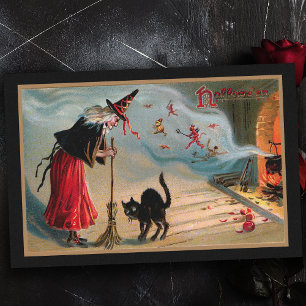 Spooky heks met zwarte kat en duivels tissuepapier