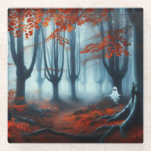 Spooky Herfst bossen met een spook Glazen Onderzetter