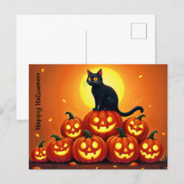 Spooky herfstnacht met gloeiende pompoenen briefkaart