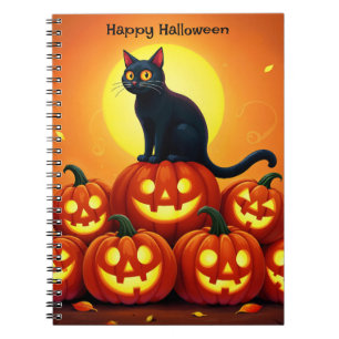 Spooky herfstnacht met gloeiende pompoenen notitieboek