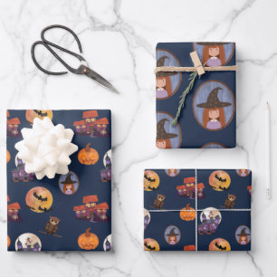 Spooky House Leuke Kleine Heks Uil Maan Halloween Inpakpapier Vel