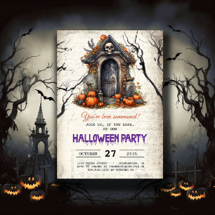 Spooky House Skull Pumpkins Halloween Party Kaart