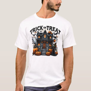 Spooky huis met pompoenen en geesten t-shirt