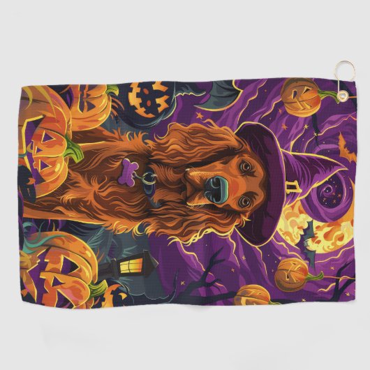 Spooky Ierse Rode Setter Halloween Witch Pumpkin Golfhanddoek (Horizontaal)