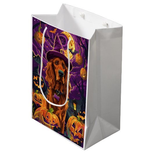 Spooky Ierse Rode Setter Halloween Witch Pumpkin Medium Cadeauzakje (Voorkant Gekanteld)