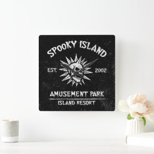 Spooky Island Est 2002 Pretpark Schedel Vierkante Klok