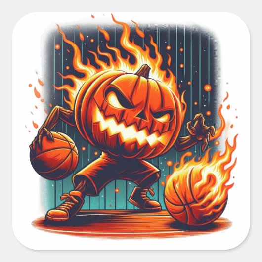 Spooky Jack-o'-Lantern Dunking Halloween Basketbal Vierkante Sticker (Voorkant)