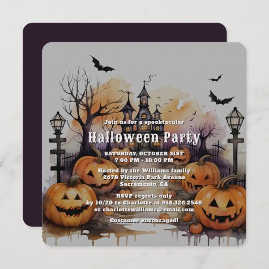 Spooky Jack O'Lanterns Bats Halloween Party Kaart (Voorkant / Achterkant)