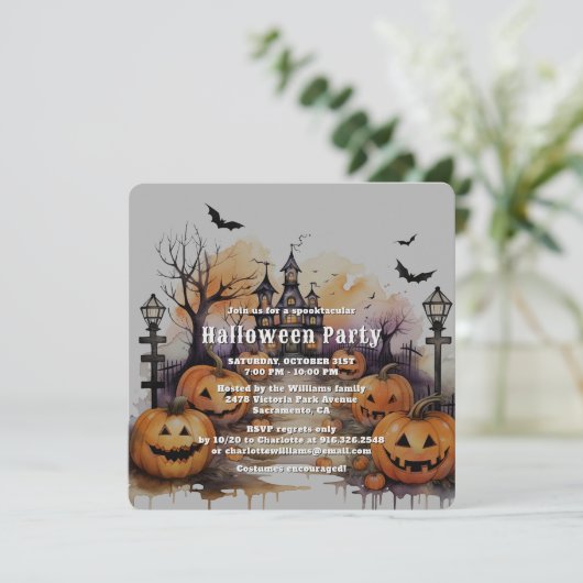 Spooky Jack O'Lanterns Bats Halloween Party Kaart (Staand voorkant)