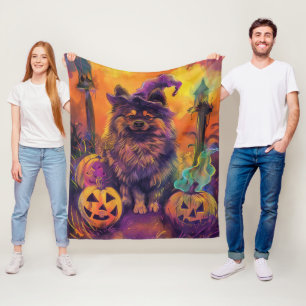 Spooky Keeshond Hond Halloween Heks en Pompoen Fleece Deken