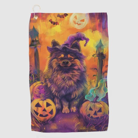 Spooky Keeshond Hond Halloween Heks en Pompoen Golfhanddoek (Voorkant)
