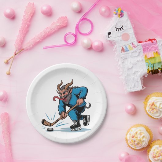 Spooky Krampus spelen ijshockey Kerstmis Papieren Bordje (Feest)