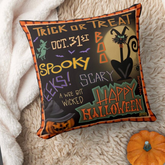 Spooky Leuk Leuk Halloween Zwart Kat Pompoen Kussen (Fun Halloween pillow by Inspirivity)