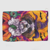 Spooky Malti Tzu Hond Halloween Heks en Pompoen Golfhanddoek (Horizontaal)