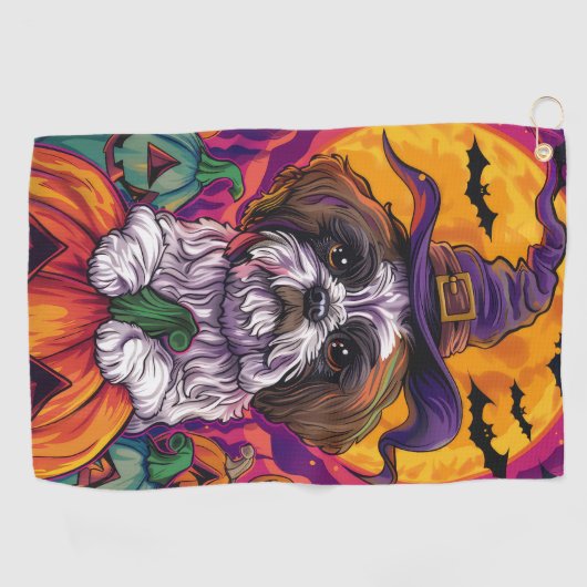 Spooky Malti Tzu Hond Halloween Heks en Pompoen Golfhanddoek (Horizontaal)