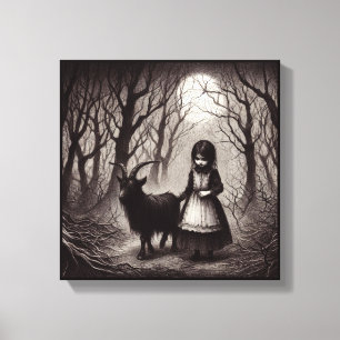 Spooky Meisje Met Geit Zwart Phillip Haunted Fores Canvas Afdruk