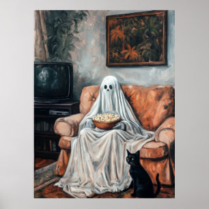 Spooky Movie Night Kat en geest kijken tv Poster