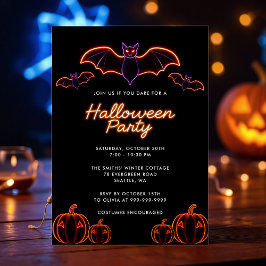 Spooky Neon Bat Pumpkin Halloween Party Kaart