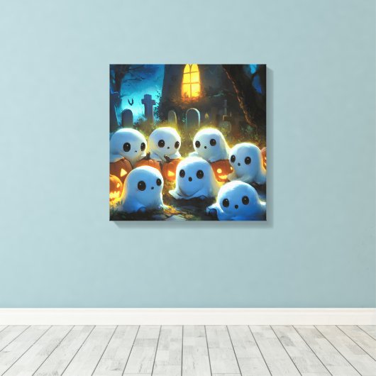 Spooky Night Cemetery Schattige Halloween Ghost Canvas Afdruk (Insitu (Houten vloer))