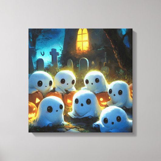 Spooky Night Cemetery Schattige Halloween Ghost Canvas Afdruk (Voorkant)